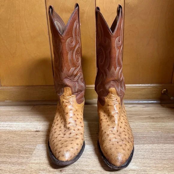 Tony Lama Peanut Brittle Full Quill Ostrich Round Toe Western Boots 9D Exotic - Picture 5 of 16